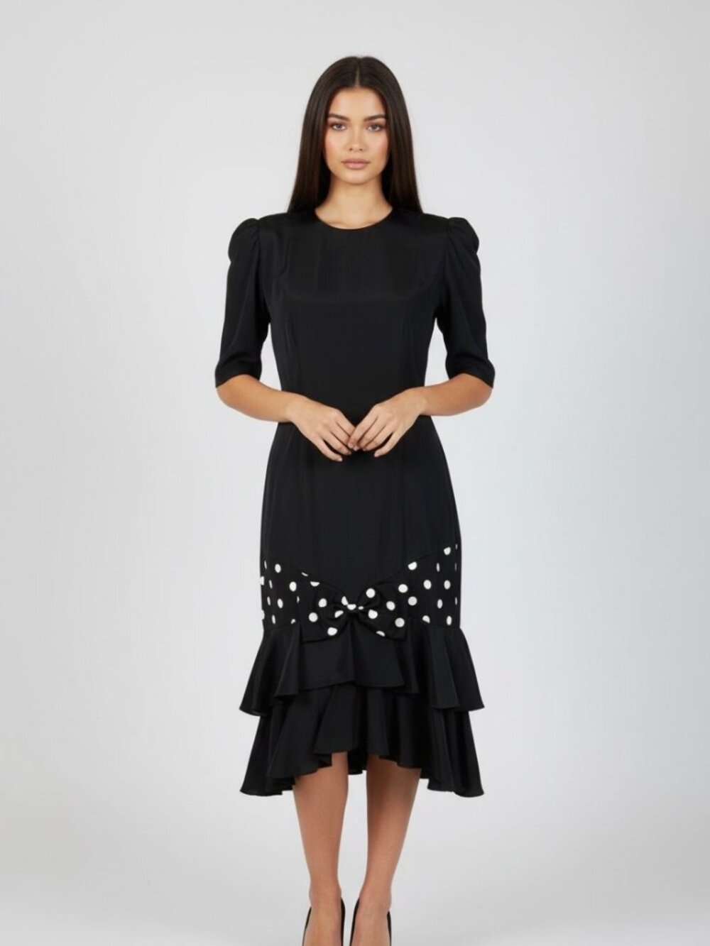 Vintage 80s Gaccina Black Polka Dot Bow Dress 3/4 XS Puff Sleeve Ruffle Coquette